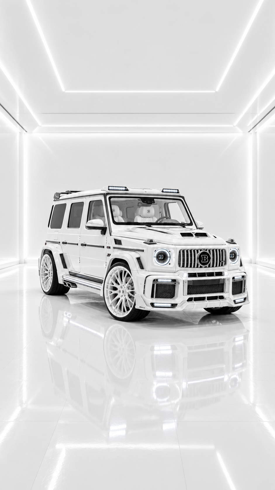 White G-Class in a bright showroom