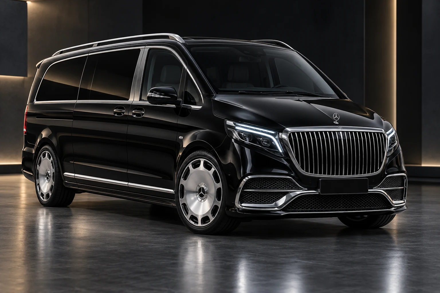 Дизайн-концепция чёрного V-Class в стиле Maybach, вид спереди в три четверти
