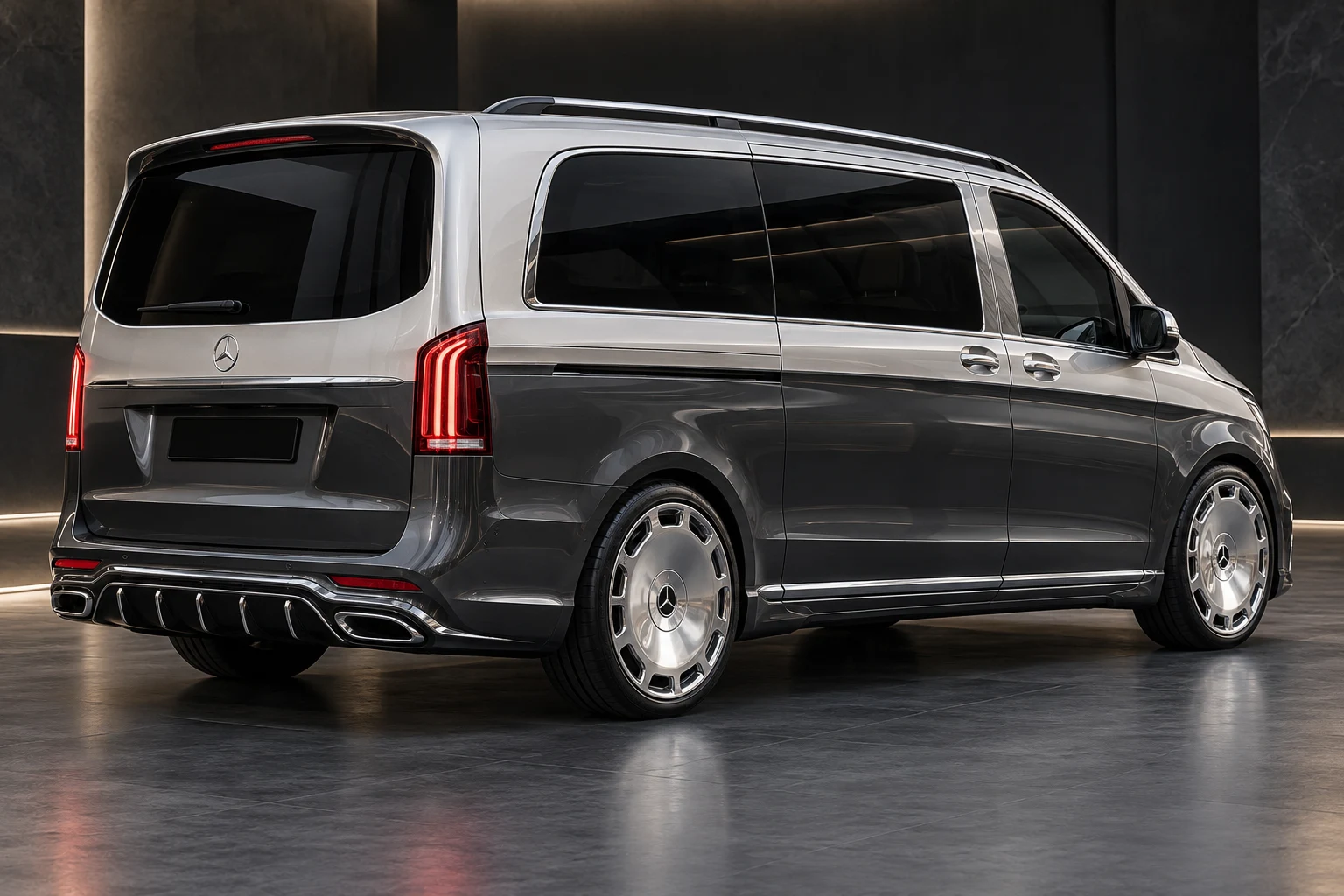Дизайн-концепция серебристо-графитового V-Class в стиле Maybach, вид сзади в три четверти